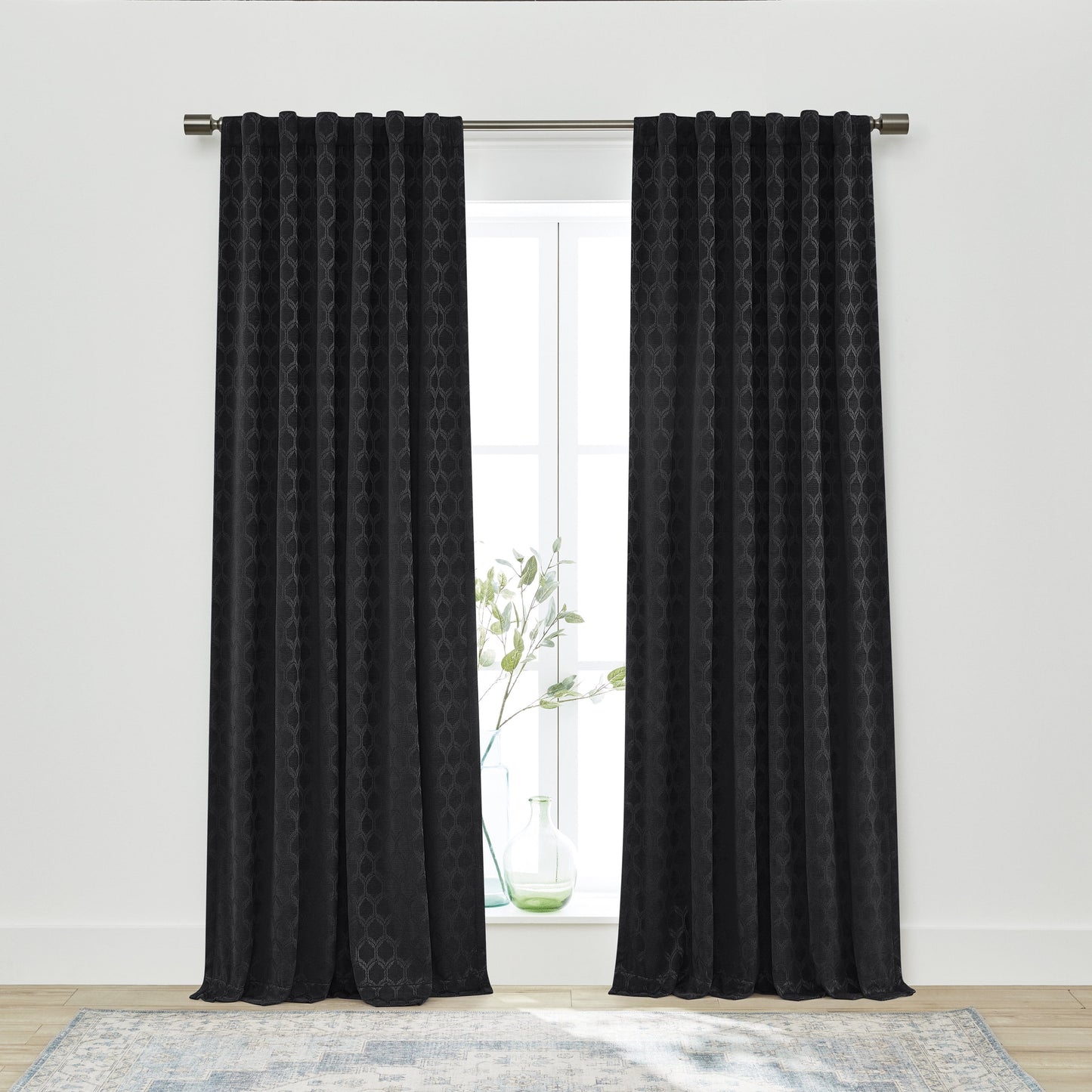Jacquard Velvet Blackout Rod Pocket/Back Tab Single Curtain Panel, Rich Black, 50" W X 84" L