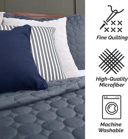 Full/Queen Quilt Bedding Set with 2 Quilted Pillow Shams, Circle Stitched Full Size Bedspread, Lightweight Blue Quilt Coverlet Queen Size, Steel Blue
