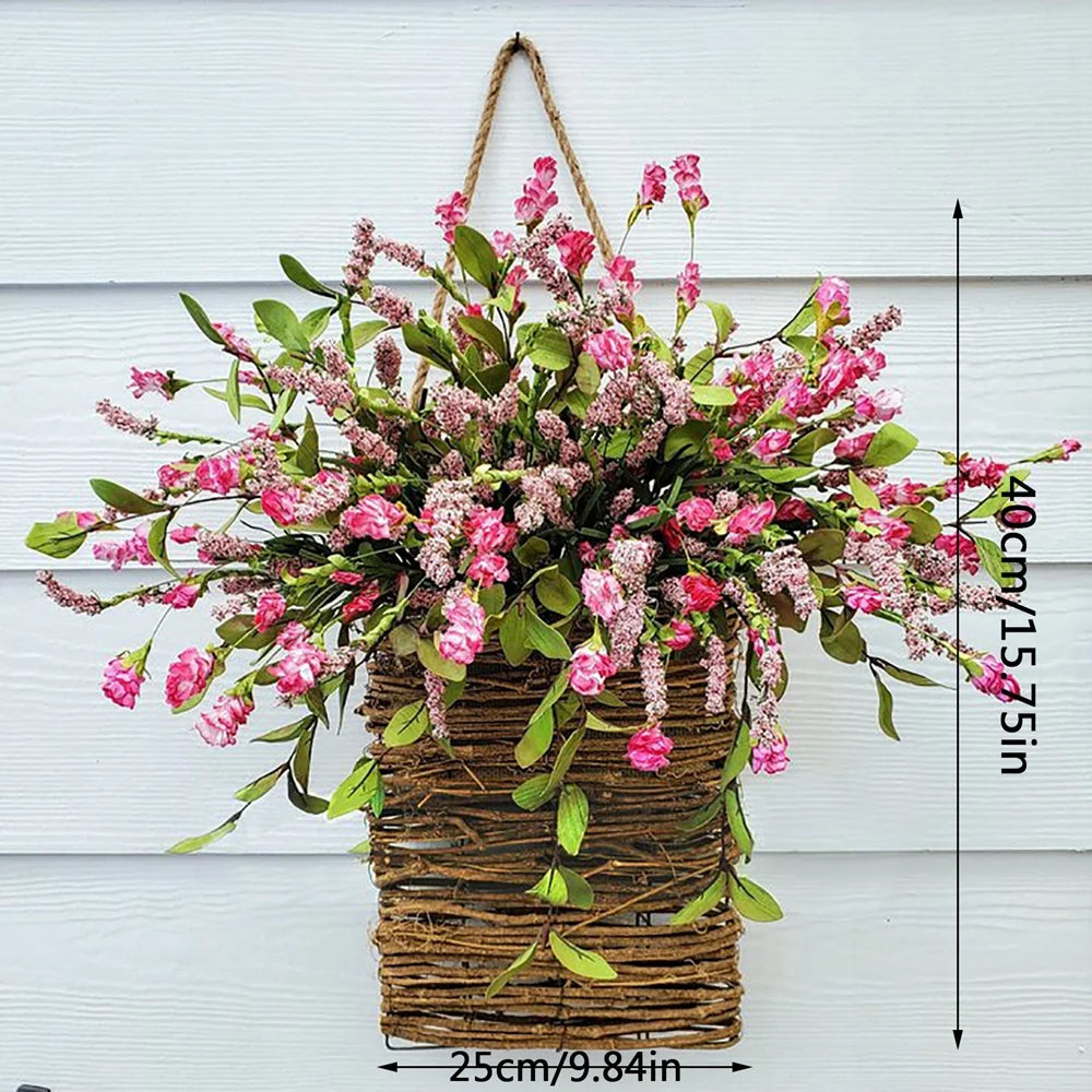 Wildflowers Hanging Basket Wreath, Artificial Spring Wreath for Front Door, Wall Hanging Flower Bucket Rustic Farmhouse Wrea