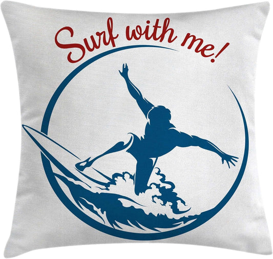 Modern Throw Pillow Cushion Cover, Surf with Me Lettering with Silhouette of a Surfing Man Exotic Sports Hobby Theme Illustration, Decorative Square Accent Pillow Case, 18" X 18", Blue Red