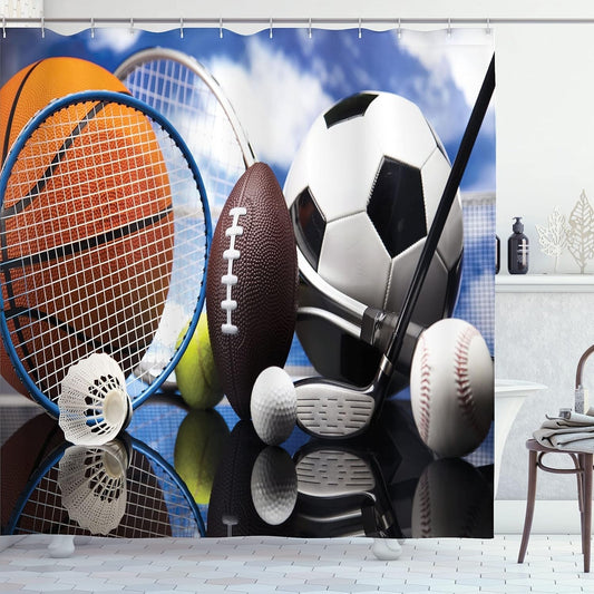 Sports Shower Curtain, Sports Equipment Football Soccer Darts Ice Hockey Baseball Basketball Theme, Cloth Fabric Bathroom Decor Set with Hooks, 69" W X 75" L, Orange Black
