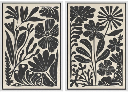 Abstract Botanical " Unique Black and White Floral Modern Boho Framed Canvas Print 2 Pieces Wall Art