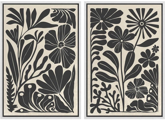 Abstract Botanical " Unique Black and White Floral Modern Boho Framed Canvas Print 2 Pieces Wall Art
