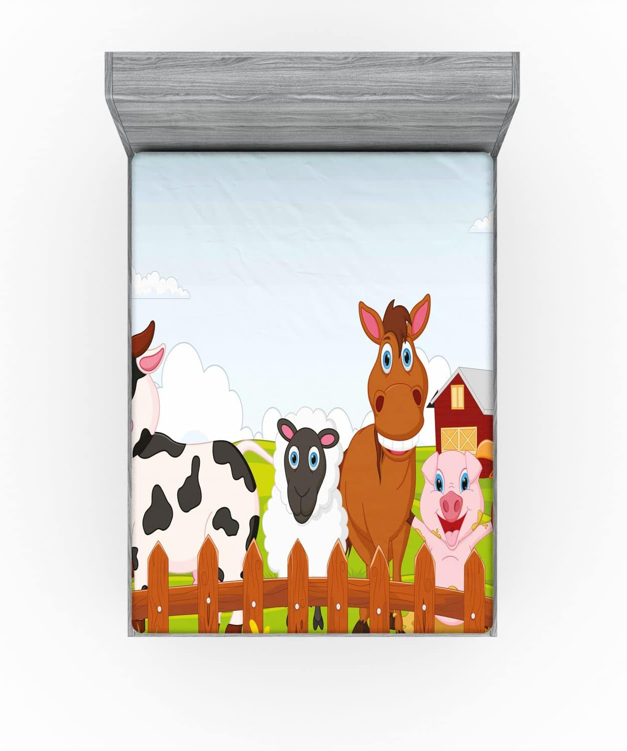 Animal Fitted Sheet, Farm Creatures Cow Horse Goat Pig and Chicken by the Fences Cartoon, Bed Cover with All-Round Elastic Deep Pocket for Comfort, Full Size, Ginger