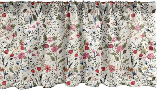 Floral Window Valance, Colorful Oriental Pattern with Hummingbirds and Swirling Branches Rose Old Boho Form, Curtain Valance for Kitchen Bedroom Decor with Rod Pocket, 54" X 12", Khaki Pink