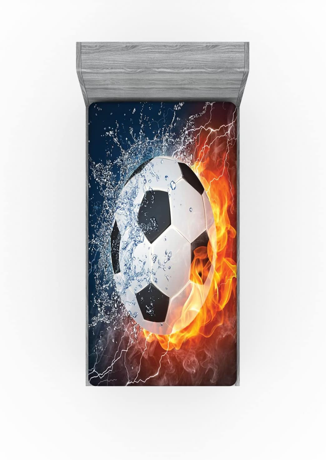 Sports Fitted Sheet, Soccer Ball and Water Splashing Thunder Strike Abstract Concept Art Design, Bed Cover with All-Round Elastic Deep Pocket for Comfort, Twin Size, Navy Grey