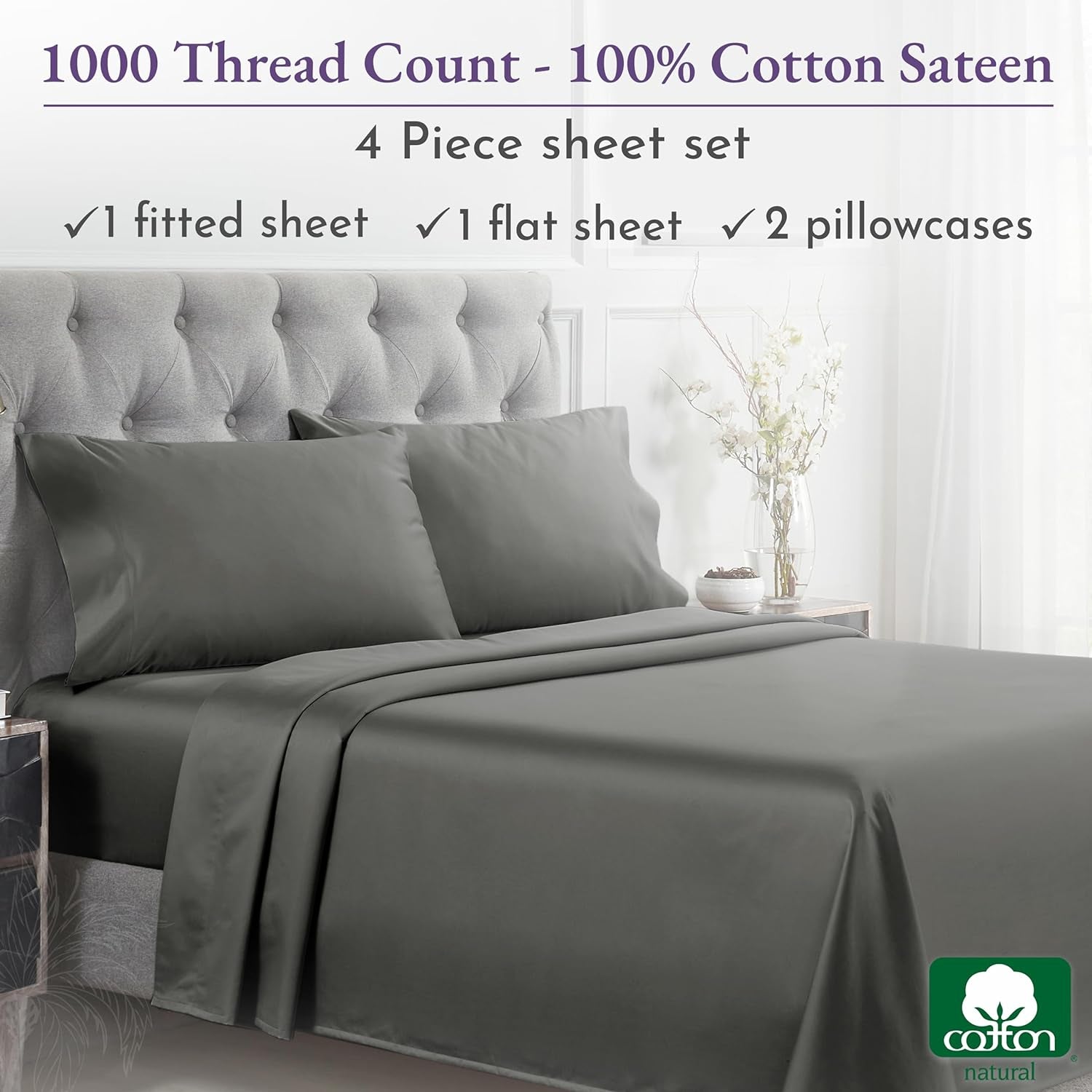 1000 Thread Count King Size Sheet Set, Winner Architectural Digest Best Sheet, Luxury 100% Cotton Sateen Bed Sheets, Softer than Egyptian Cotton (Grey)