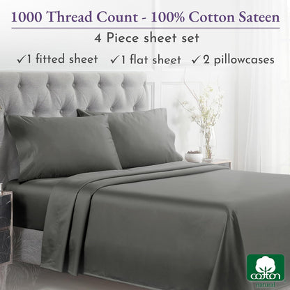 1000 Thread Count King Size Sheet Set, Winner Architectural Digest Best Sheet, Luxury 100% Cotton Sateen Bed Sheets, Softer than Egyptian Cotton (Grey)