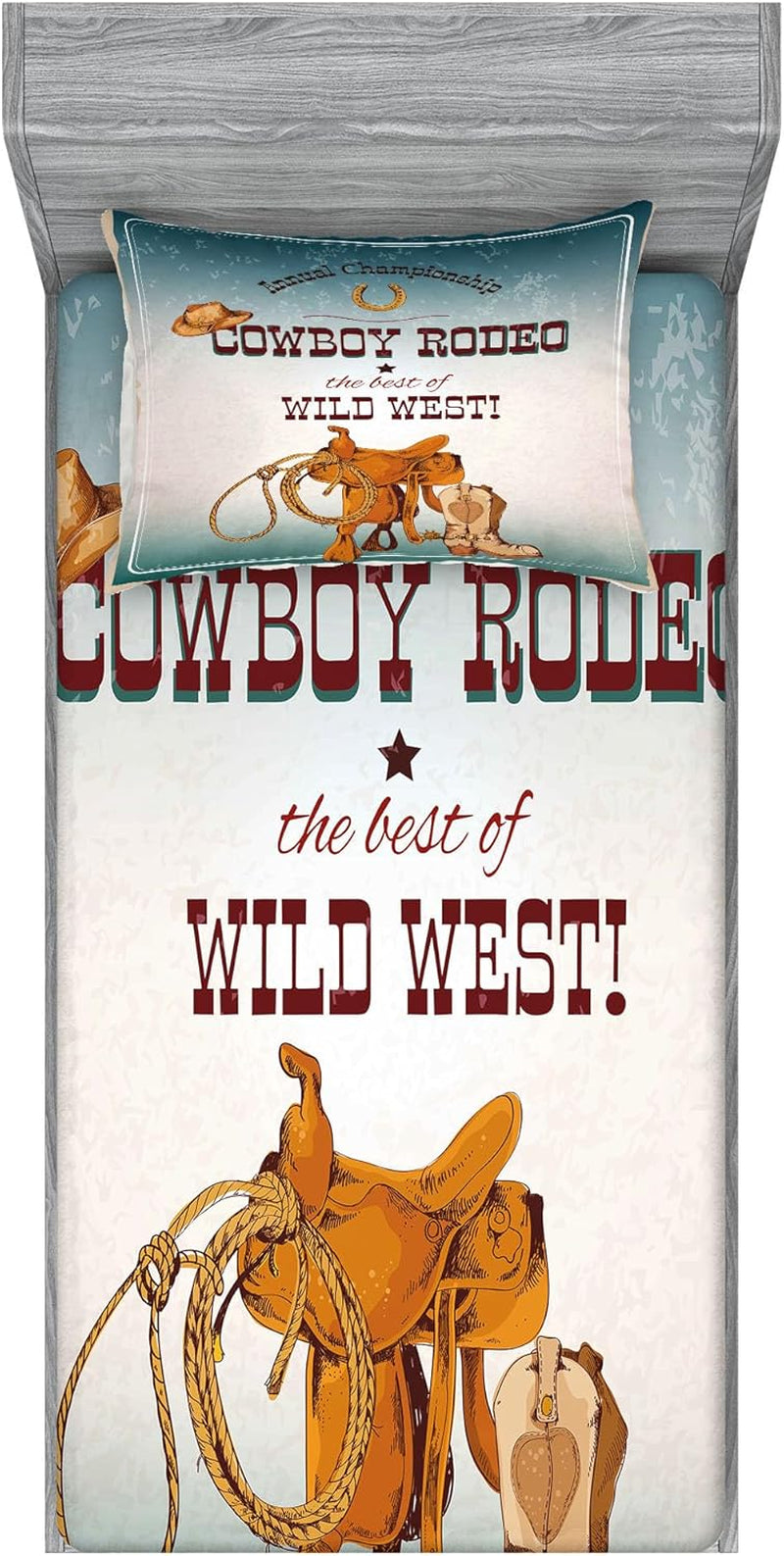 Western Fitted Sheet & Pillow Sham Set, Cowboy Rodeo Championship the Best of Wild West Poster Design Elements, Decorative Printed 2 Piece Bedding Decor Set, Twin, Burgundy Orange