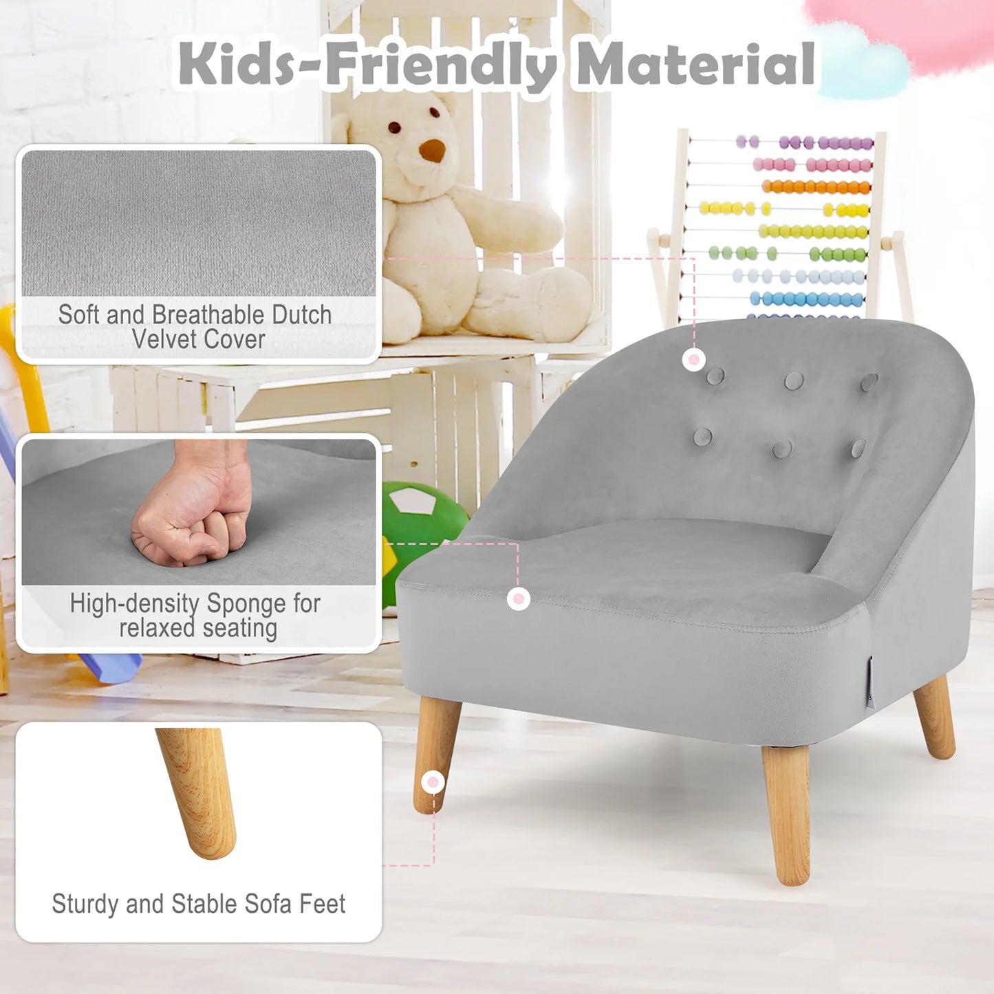 Kids Sofa Chair W/ Ottoman Toddler Single Sofa Velvet Upholstered Couch Grey
