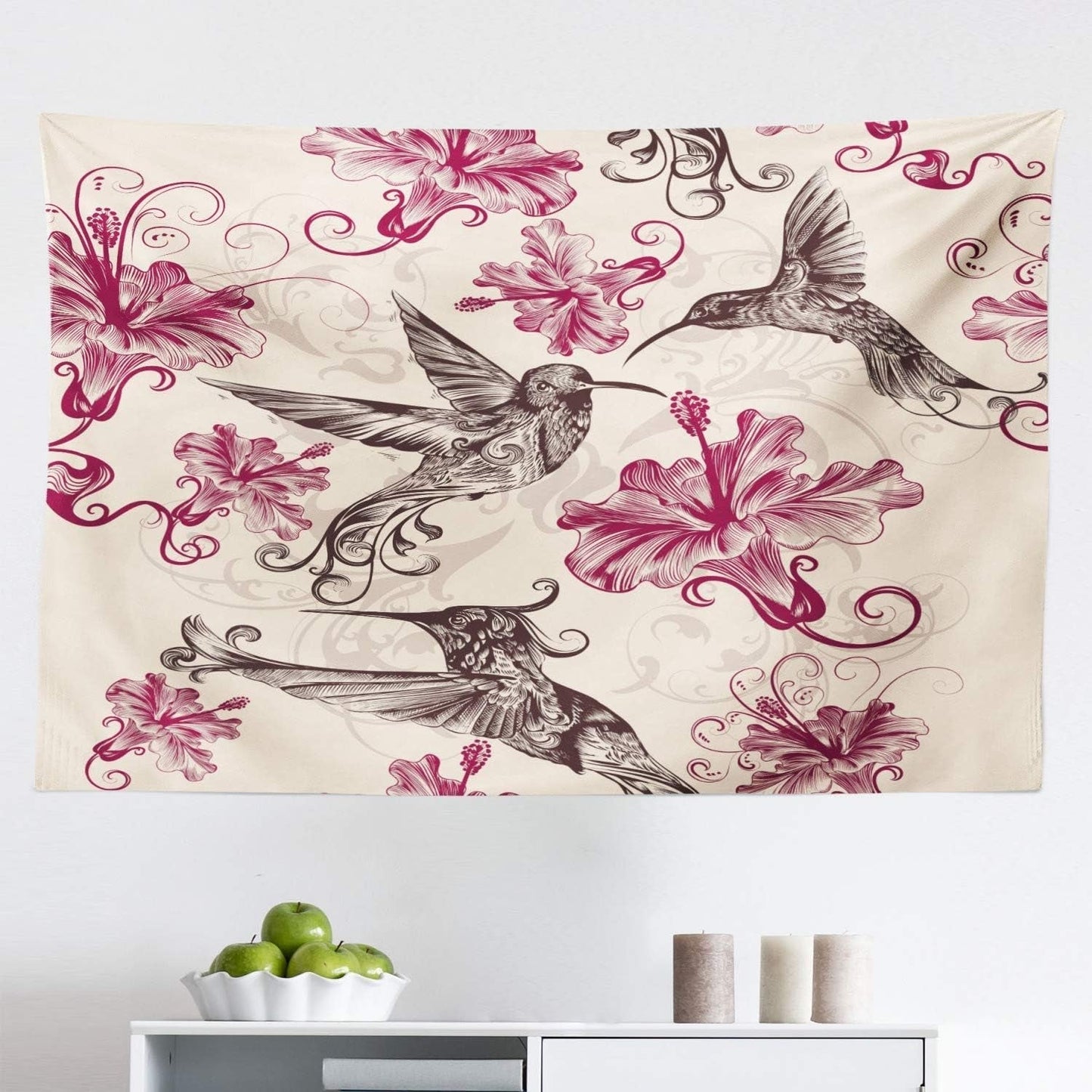 Hummingbirds Tapestry, Birds and Flowers Swirl Flourish Antique Old Ornament Pattern, Fabric Wall Hanging Decor for Bedroom Living Room Dorm, 45" X 30", Cream Maroon Black