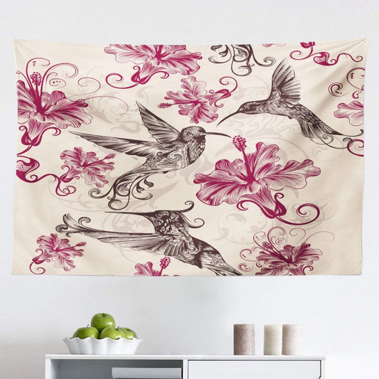 Hummingbirds Tapestry, Birds and Flowers Swirl Flourish Antique Old Ornament Pattern, Fabric Wall Hanging Decor for Bedroom Living Room Dorm, 45" X 30", Cream Maroon Black