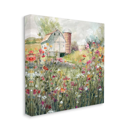 Vibrant Flower Blossoms Surrounding Rural Barn Nature Painting Gallery Wrapped Canvas Print Wall Art, Design by Carol Robinson