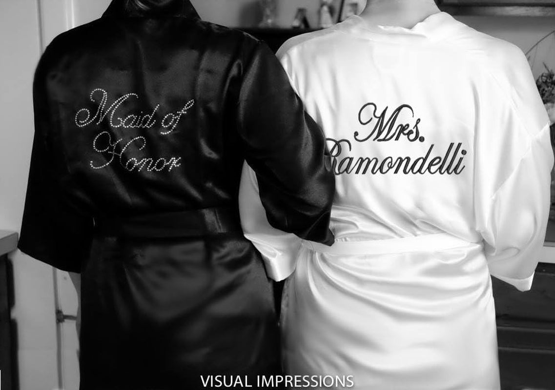 Bridesmaid Satin Bridal Party Robe with Rhinestones Black