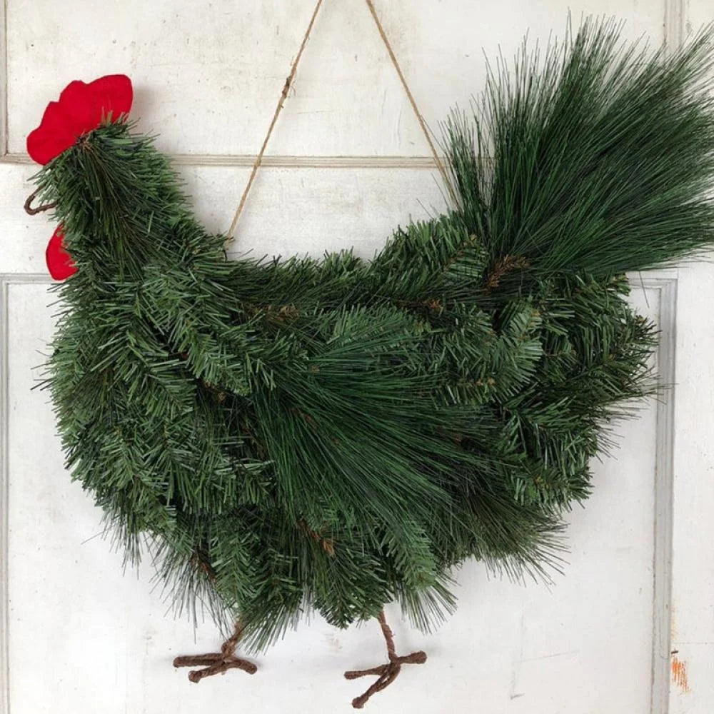 Christmas Chicken Wreath Green Artificial Plants Rooster Wreath for Front Door Christmas Farmhouse Garden Decorations