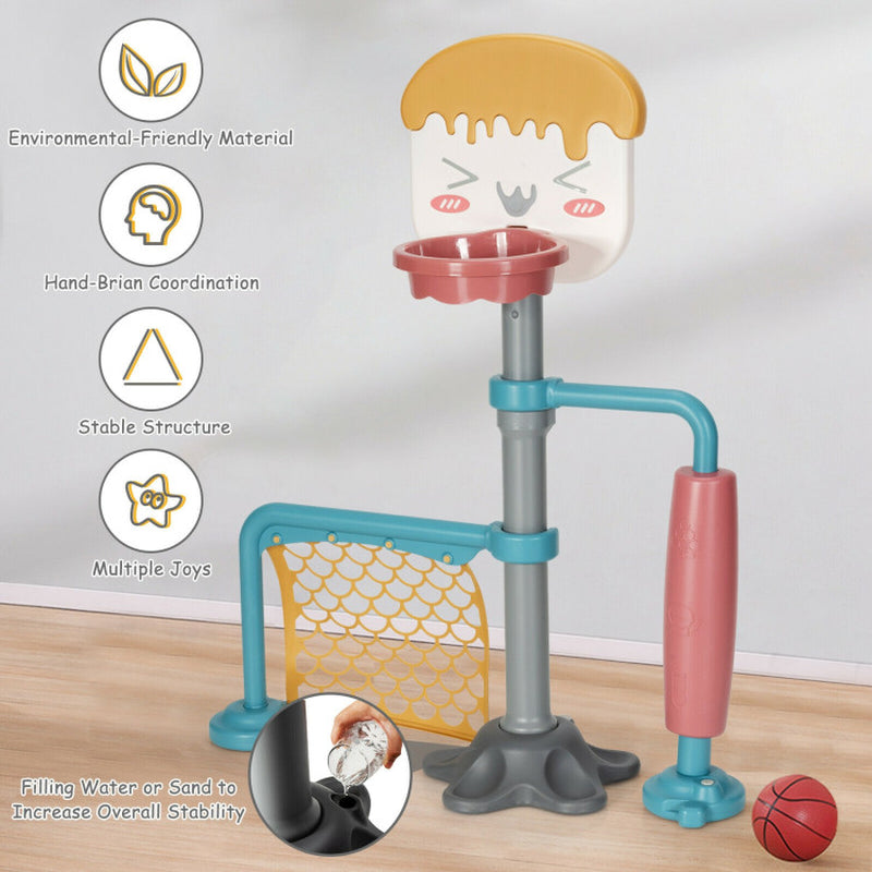 3-In-1 Height Adjustable Basketball Stand Set with Soccer and Roller