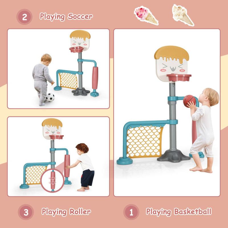 3-In-1 Height Adjustable Basketball Stand Set with Soccer and Roller