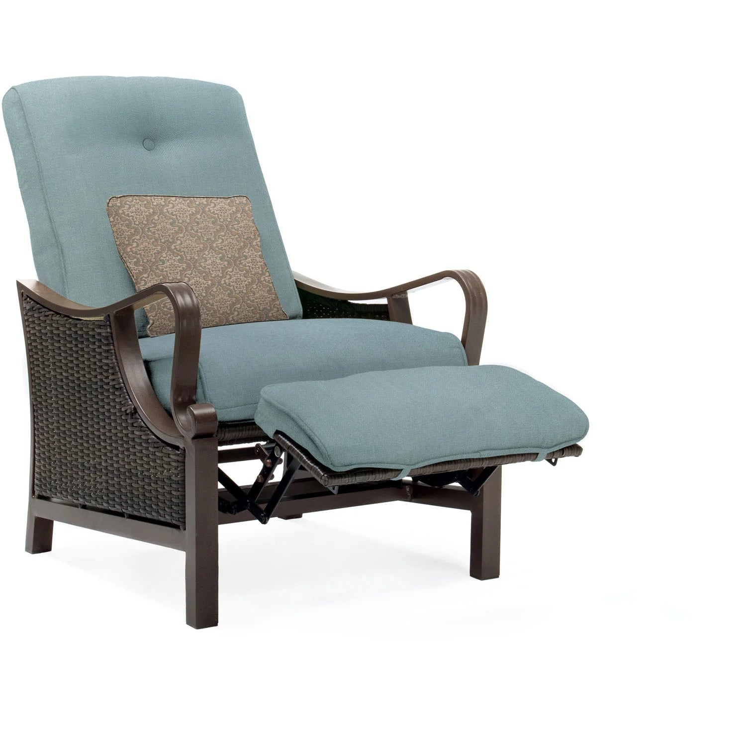 Ventura Steel Outdoor Patio Woven Luxury Recliner with Brown Wicker, Ocean Blue Cushions and Pillow, VENTURAREC-BLU