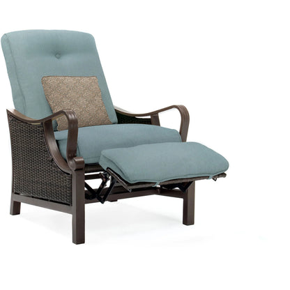 Ventura Steel Outdoor Patio Woven Luxury Recliner with Brown Wicker, Ocean Blue Cushions and Pillow, VENTURAREC-BLU