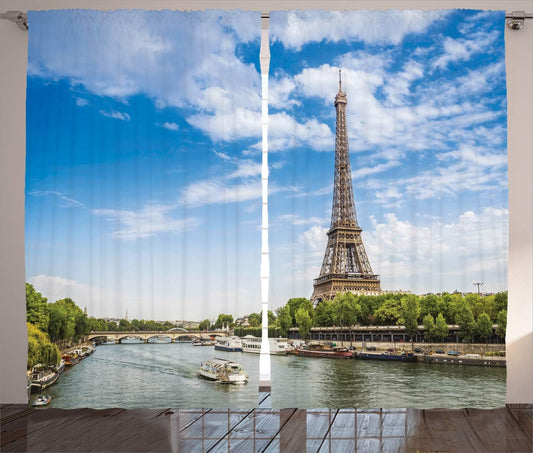 Eiffel Tower Curtains, Summer Historic Architecture View from a Low Angle with Seine River France Holiday Destination, Living Room Bedroom Window Drapes 2 Panel Set, 108" X 84", Green Blue
