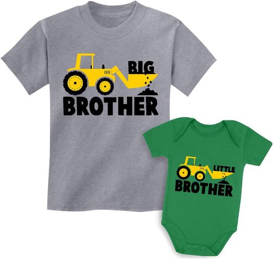Tractor Big Brother Little Brother Matching Sibling Outfits Toddler Kids Tshirt & Baby Bodysuit Set