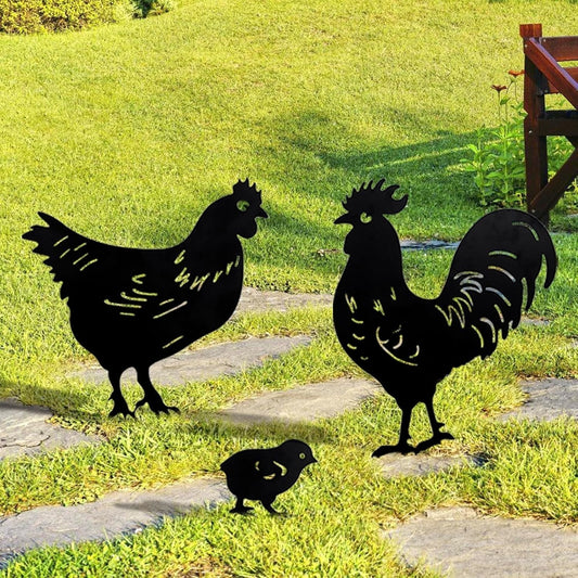 Metal Chicken Yard Decor 3 Pcs Rooster Garden Stakes,Chicken Gifts for Women/Men,Hen/Chicks Silhouette Statues for Yard Art,Backyard,Patio,Lawn Ornaments,Outdoor Decor