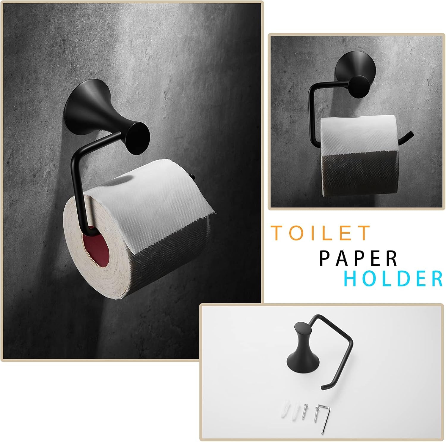 3-Pieces Bathroom Hardware Set Matte Black,  Bathroom Accessories Wall Mounted - Includes Hand Towel Ring, Toilet Paper Holder, Robe Towel Hooks,Bathroom Accessories Kit