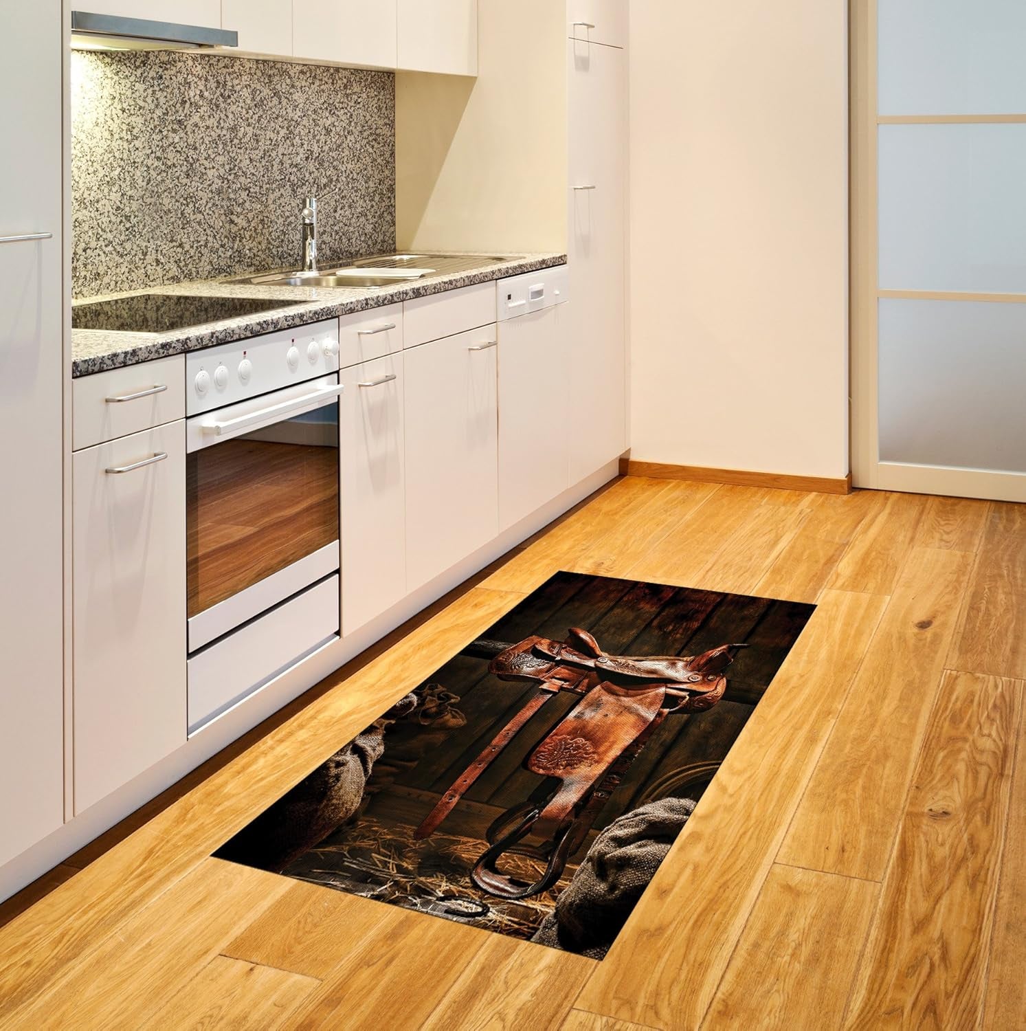 Western Area Rug, American West Traditional Style Rodeo Cowboy Saddle Wood Ranch Barn Image, Flat Woven Accent Rug for Living Room Bedroom Dining Room, 2' 6" X 5', Dark and Brown