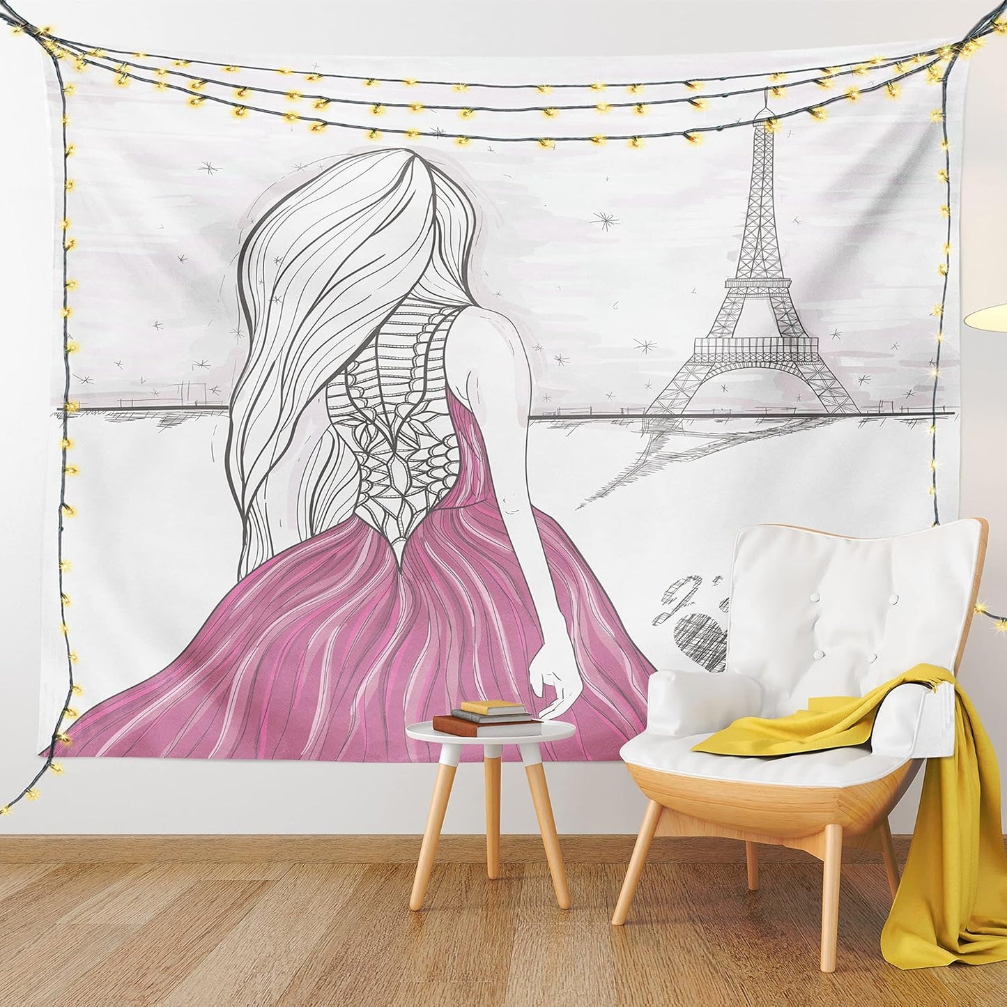 Paris Tapestry, Romantic Dramatical Woman Looks at Eiffel Tower Love Theme Sketch Style Illustration, Wall Hanging for Bedroom Living Room Dorm, 60" X 80", White Pink