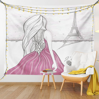 Paris Tapestry, Romantic Dramatical Woman Looks at Eiffel Tower Love Theme Sketch Style Illustration, Wall Hanging for Bedroom Living Room Dorm, 60" X 80", White Pink