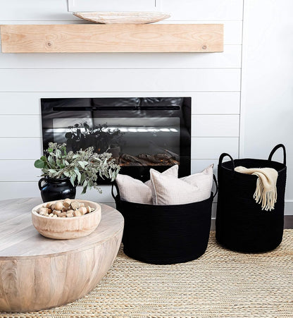 Black Basket for Storage 20X13, Big Basket for Blankets for Living Room, round Laundry Basket & Blanket Holder for Bedroom, Boho Blanket Basket, Pillow Basket & Toy Basket