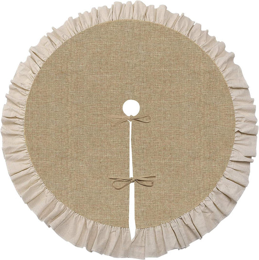 Burlap Christmas Fall Tree Skirt with Ruffle Border,48" Linen Rustic Tree Ornaments for Farmhouse Autumn Fall Christmas Decorations