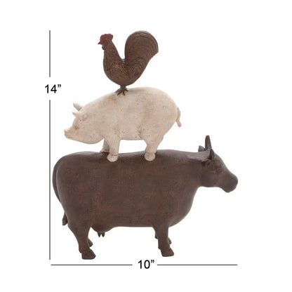 3 In. X 14 In. Brown Polystone Stacked Farm Animals Sculpture