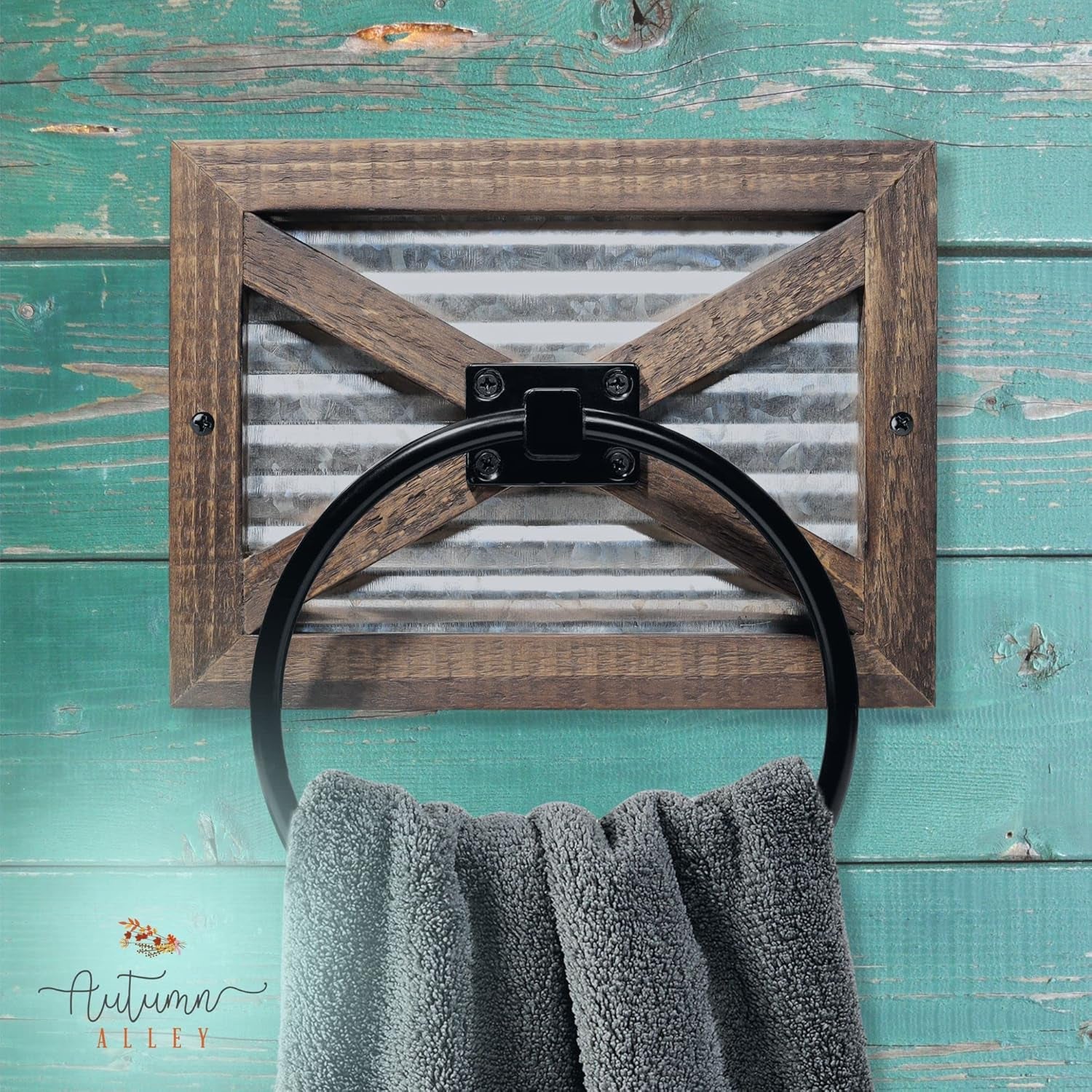 Rustic Farmhouse Towel Holder for Bathroom, Rustic Hand Towel Holder, Rustic Towel Rack Holder, Wall Mounted, Western Bathroom Decor, Wood Country Decor, Galvanized Metal, Black Ring