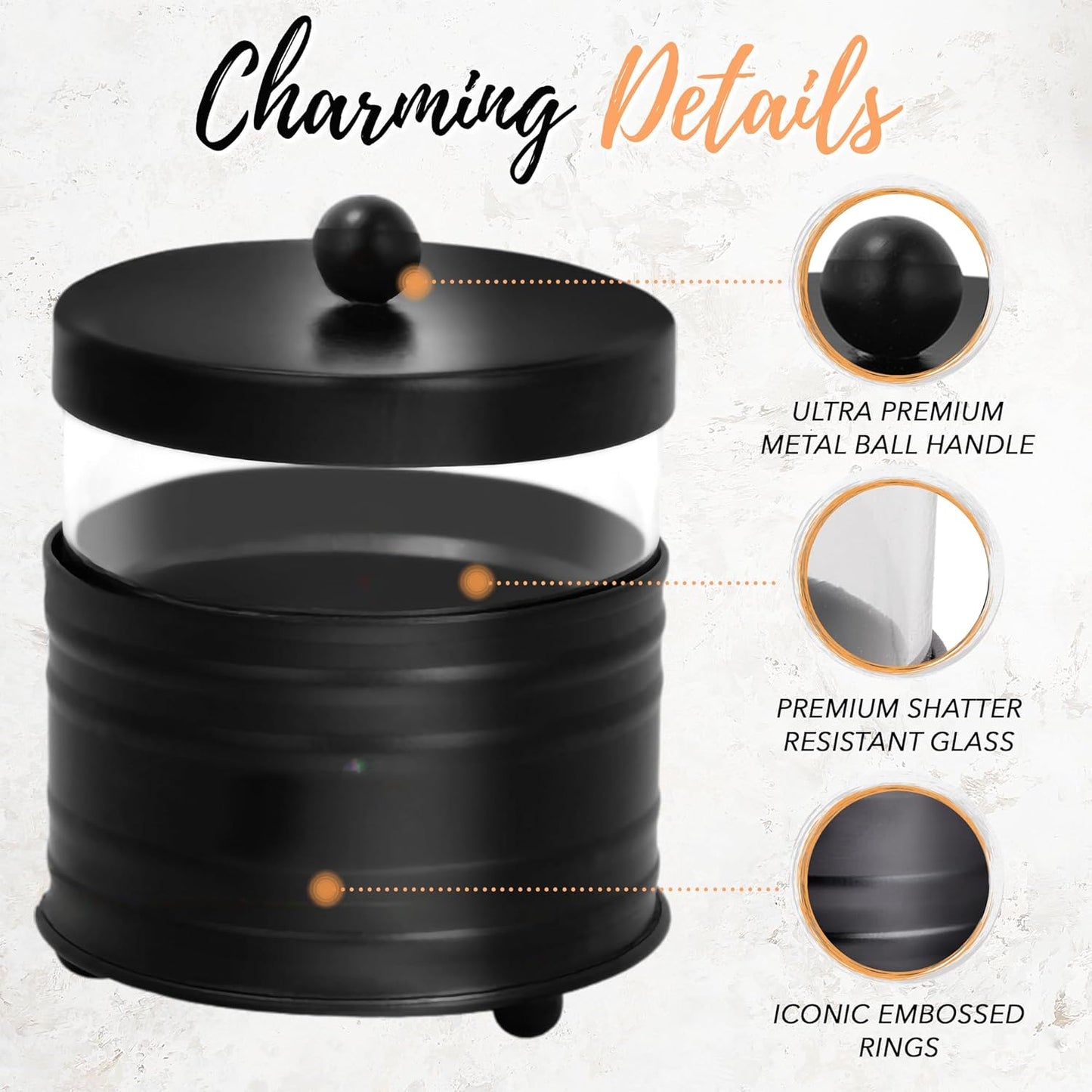 Deluxe Black Apothecary Jars Set, Black Bathroom Jars Qtip Holder Glass - Rustic Farmhouse Vanity Organizer for Bathroom Counter, Cotton Balls, Swabs, 2 Small Glass Jars with Lids