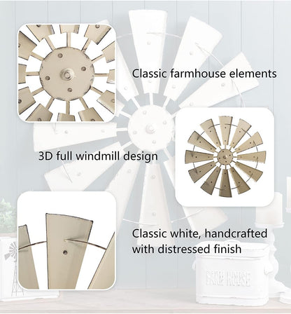 28" Farmhouse Galvanized Windmill Wall Sculpture Home Decor Rustic Metal Rustic Wall Art Decoration, Beige