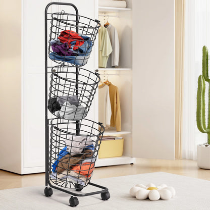 Removable 3 Tier Metal Rolling Laundry Basket Cart,Large Capacity Wire Basket Laundry Hamper with Wheels, Laundry Butler for Bathroom Bedroom Laundry Room, Black