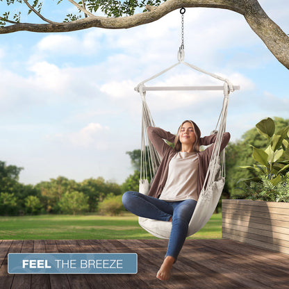 Hanging Rope Hammock Chair Swing Seat for Any Indoor or Outdoor Spaces- Max. 265 Lbs -2 Seat Cushions Included (Large, White)
