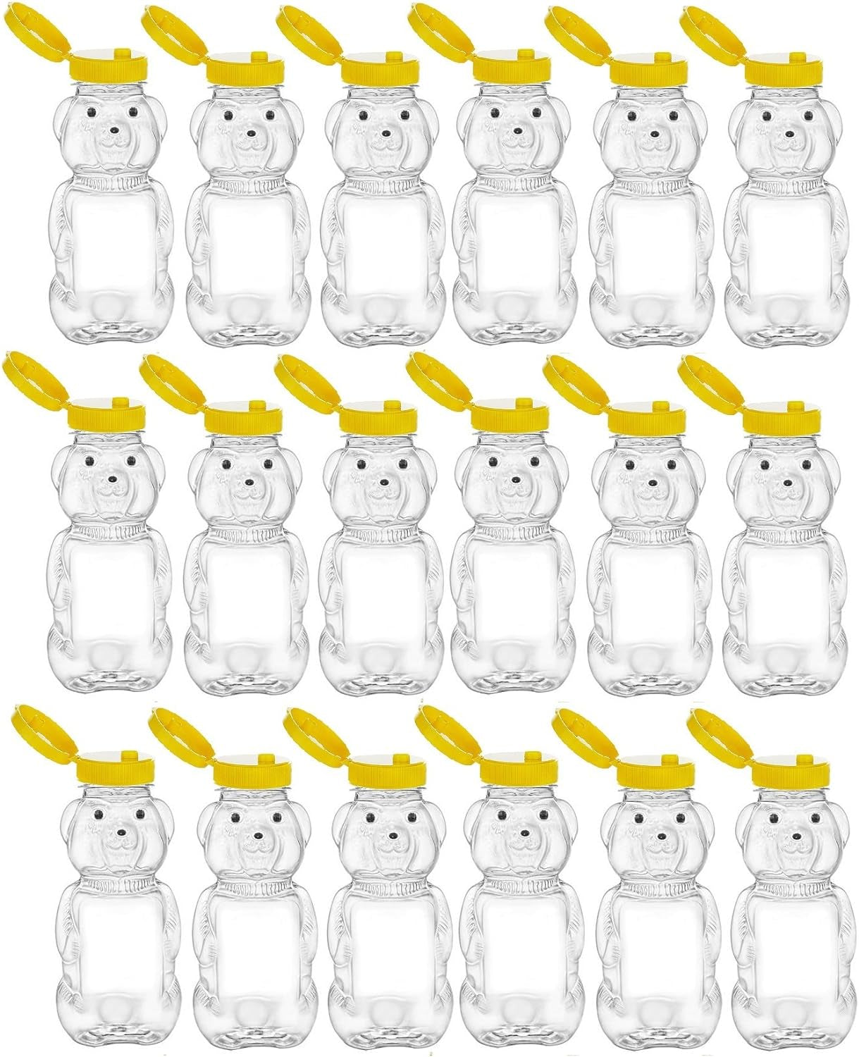18 Pack 8 Fl Oz Plastic PET Honey Bear Jars, Squeeze Bottles with Yellow Flip-Top Dispenser Caps W/Seals - Holds 12 Oz Honey by Weight - BPA Free, Refillable and Made in USA