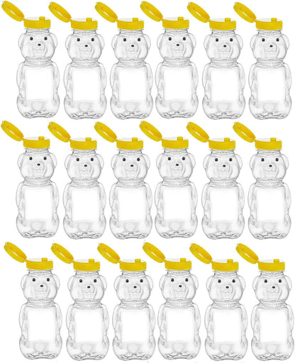18 Pack 8 Fl Oz Plastic PET Honey Bear Jars, Squeeze Bottles with Yellow Flip-Top Dispenser Caps W/Seals - Holds 12 Oz Honey by Weight - BPA Free, Refillable and Made in USA