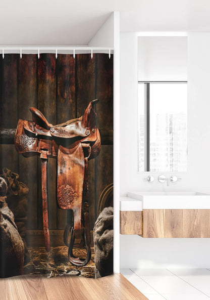 Western Stall Shower Curtain, American West Traditional Style Rodeo Cowboy Saddle Wood Ranch Barn Image, Fabric Bathroom Decor Set with Hooks, 36" W X 72" L, Brown