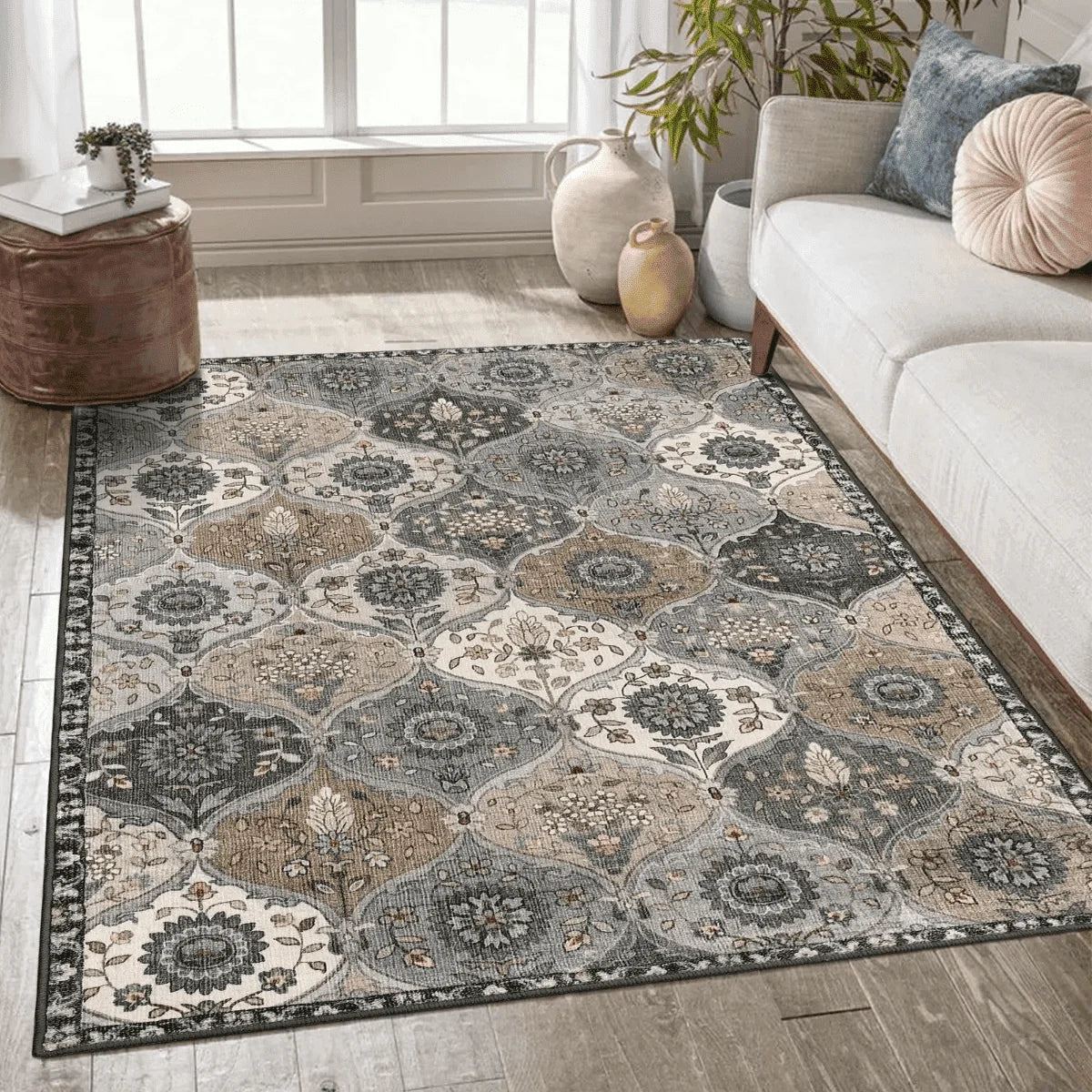 5'X7' Area Rug for Living Room Non-Slip Moroccan Indoor Washable Rug Ultra-Thin Foldable Soft Carpet Floral Accent Throw Rug for Kitchen Entryway Bathroom Bedroom Office Carpet,Grey