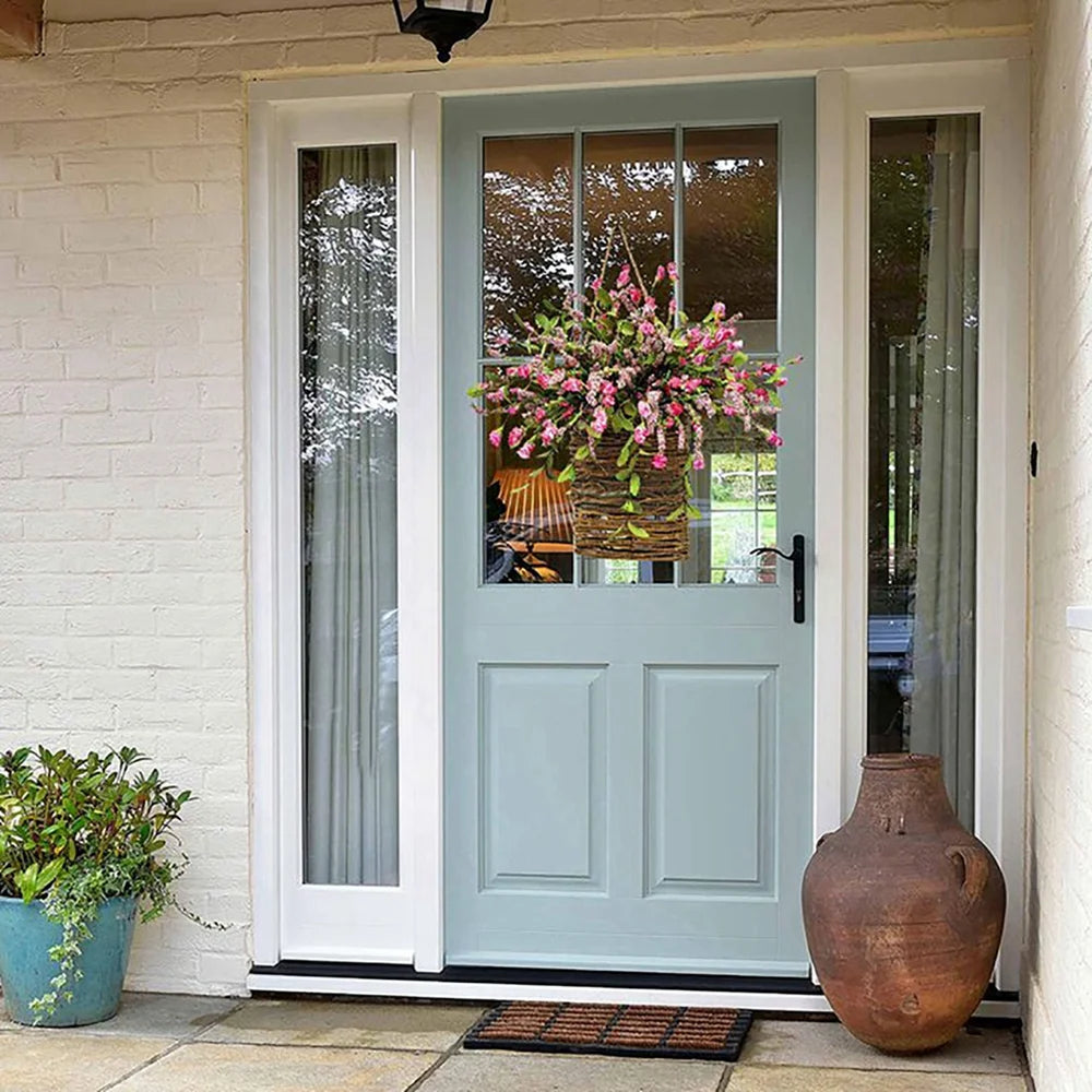 Wildflowers Hanging Basket Wreath, Artificial Spring Wreath for Front Door, Wall Hanging Flower Bucket Rustic Farmhouse Wrea