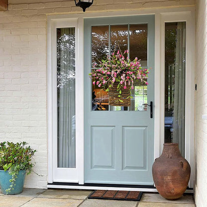 Wildflowers Hanging Basket Wreath, Artificial Spring Wreath for Front Door, Wall Hanging Flower Bucket Rustic Farmhouse Wrea