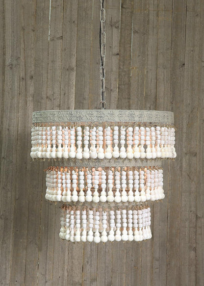 3-Tier round Metal Chandelier with Hanging Wood Beads