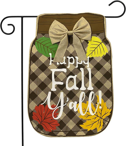Fall Mason Jar Burlap Garden Flag Happy Fall Y'All 12.5" X 18"