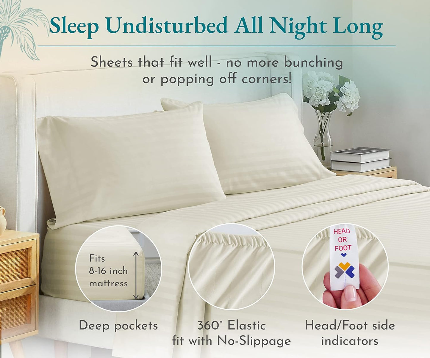 4 Piece King Size Sheet Set - 100% Cotton 500 Thread Count, Cooling Deep Pocket Bed Sheets with Fitted Elastic Sheet, Extra Soft Luxury Hotel Quality - Striped Ivory