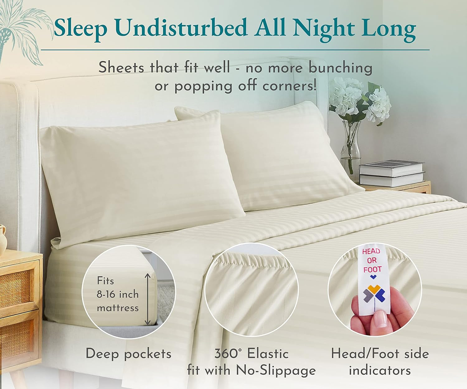 4 Piece King Size Sheet Set - 100% Cotton 500 Thread Count, Cooling Deep Pocket Bed Sheets with Fitted Elastic Sheet, Extra Soft Luxury Hotel Quality - Striped Ivory