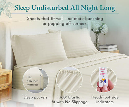 4 Piece King Size Sheet Set - 100% Cotton 500 Thread Count, Cooling Deep Pocket Bed Sheets with Fitted Elastic Sheet, Extra Soft Luxury Hotel Quality - Striped Ivory