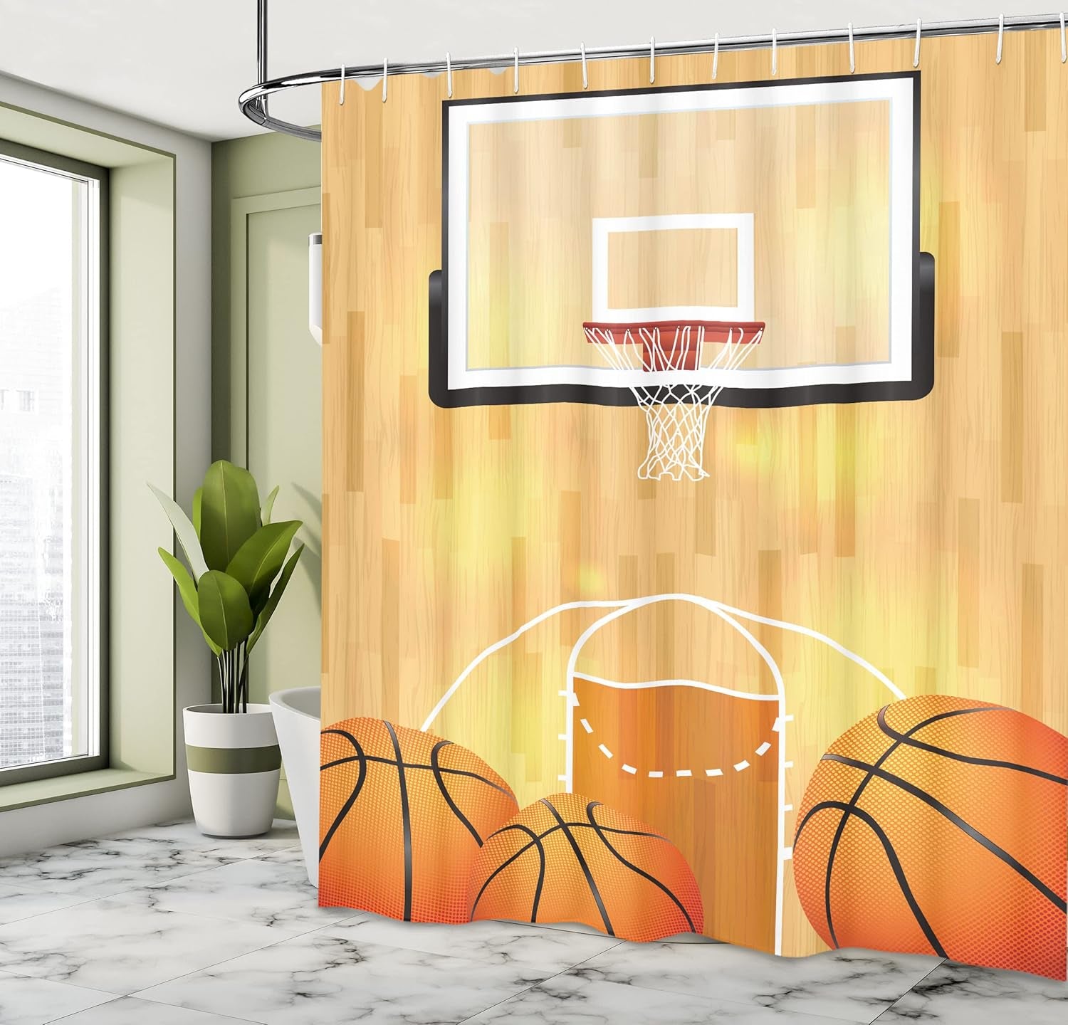 Sports Shower Curtain, Vivid Basketball Court Balls and Hoop Madness Rim Court Parquet Hardwood, Cloth Fabric Bathroom Decor Set with Hooks, 69" W X 75" L, White Orange